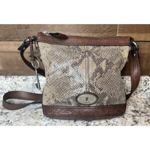 Vtg Fossil Maddox Bucket Snakeskin Sling Bag - Brown Leather Crossbody Keys Y2K